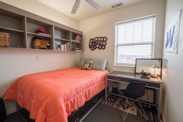 Bedrooms come with a bed, desk, desk chair (except for 1 bedroom upgraded units which do not have a desk), built-in bookshelves and massive closet with wire shelving, drawers, and tons of storage up top.